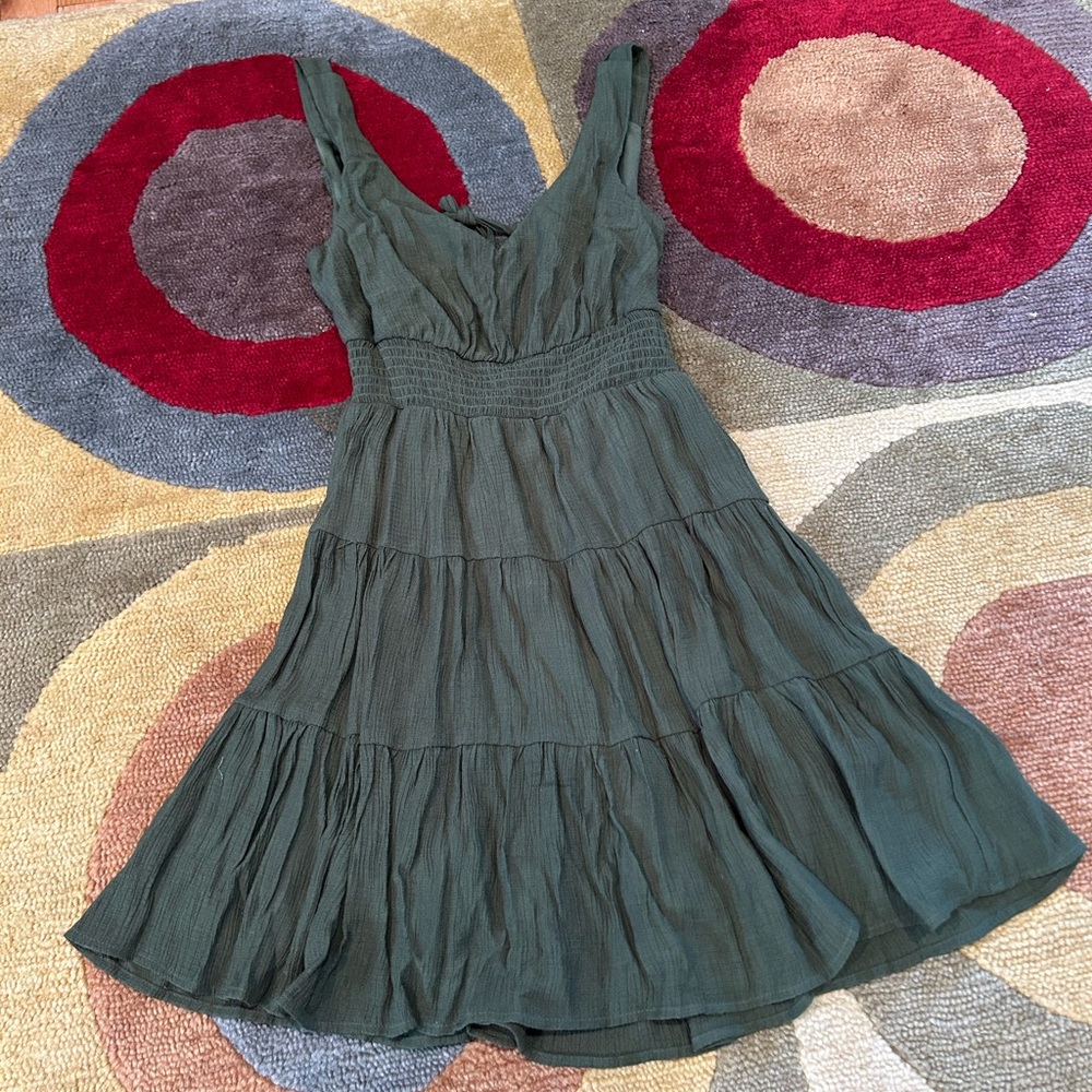 City Studio Olive Green Ruffle Sundress Mini Dress Tie Back Cutout Junior’s S